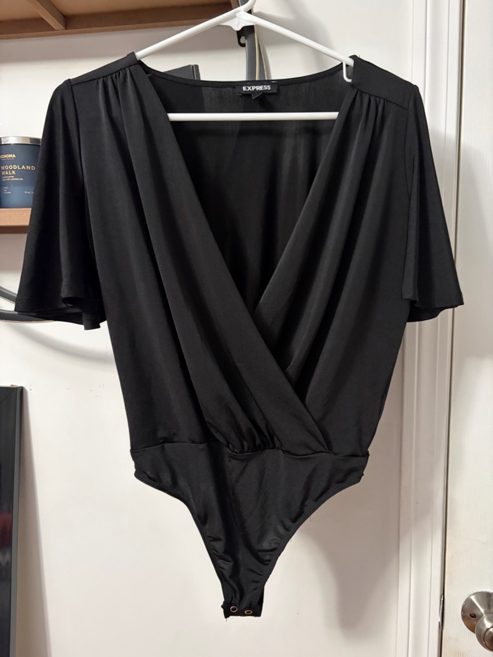Express Black Surplice Flutter Sleeve Bodysuit